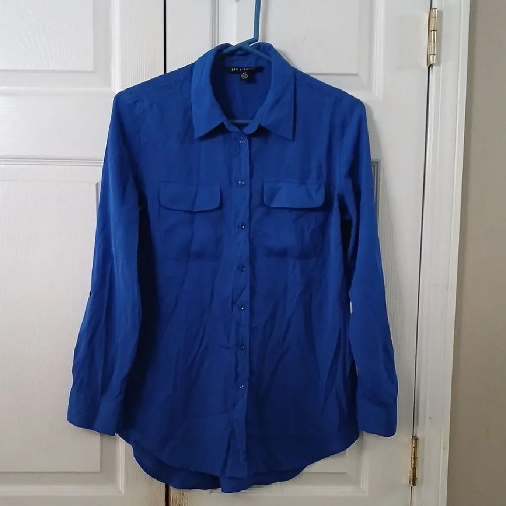 Zac & Rachel royal blue button down long sleeve casual blouse Sz S EUC